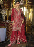 Vegaa Fashion Maroon Chinon Silk Embroidered Designer Palazzo Suit