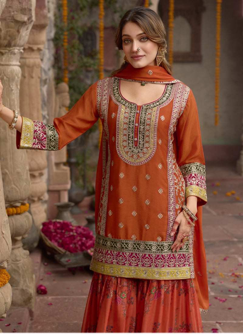Vegaa Fashion Orange Chinon Silk Embroidered Sharara Suit