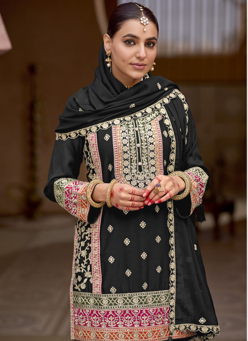 Vegaa Fashion Black Chinon Silk Embroidered Sharara Suit
