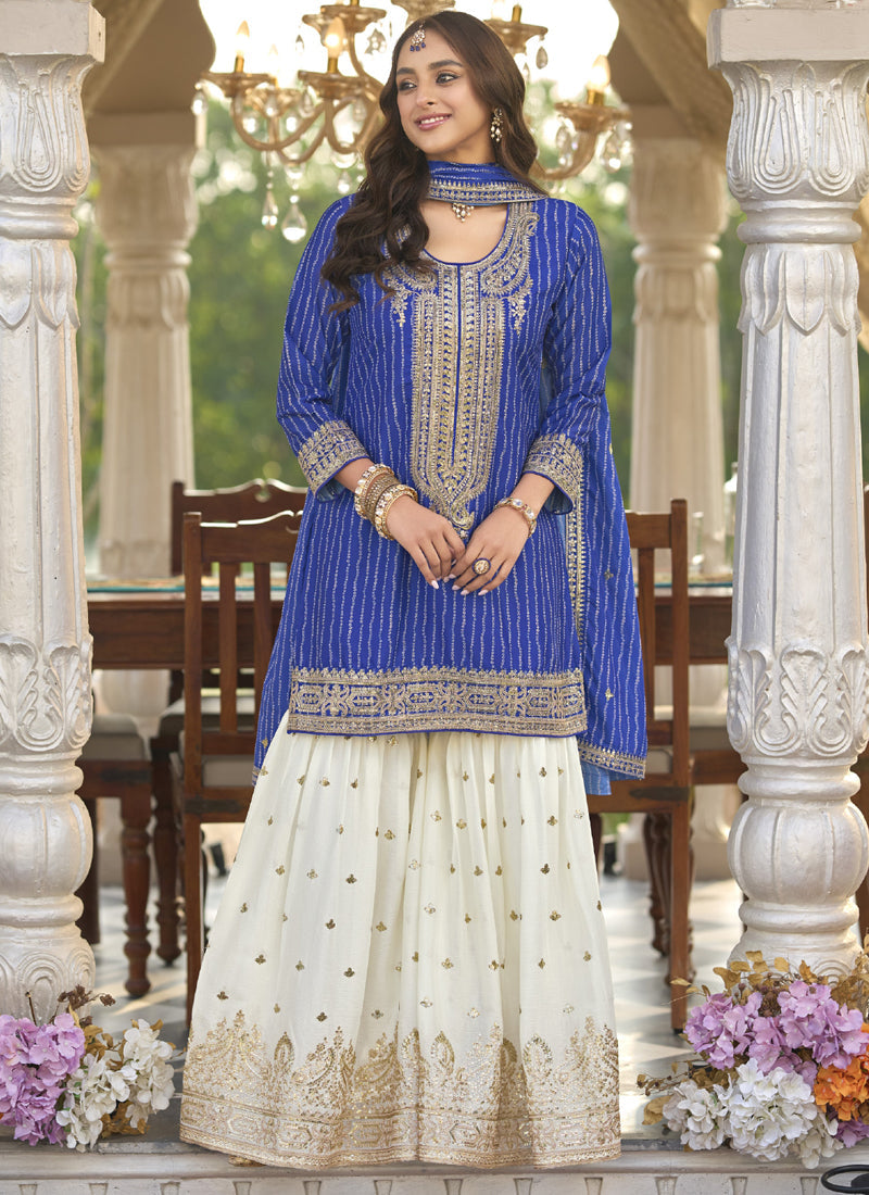 Vegaa Fashion Blue Chinon Silk Embroidered With Digital Print Palazzo Suit