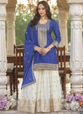 Vegaa Fashion Blue Chinon Silk Embroidered With Digital Print Palazzo Suit