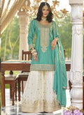 Vegaa Fashion Turquoise Chinon Silk Embroidered With Digital Print Palazzo Suit