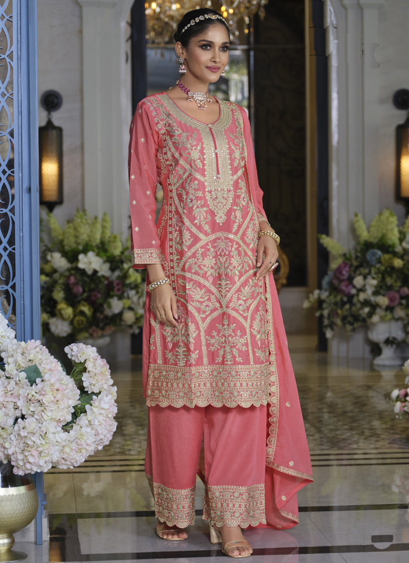Vegaa Fashion Peach Chinon Silk Embroidered Designer Palazzo Suit