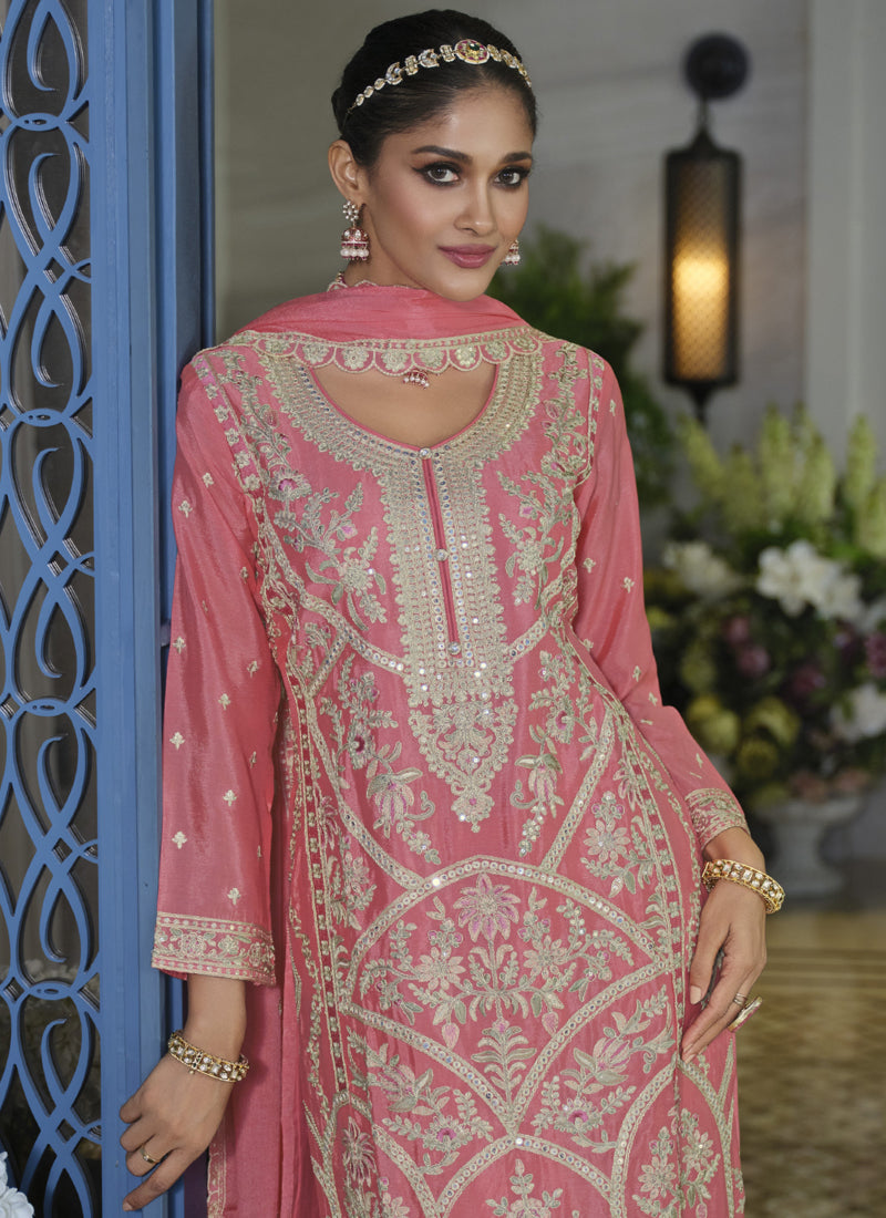 Vegaa Fashion Peach Chinon Silk Embroidered Designer Palazzo Suit
