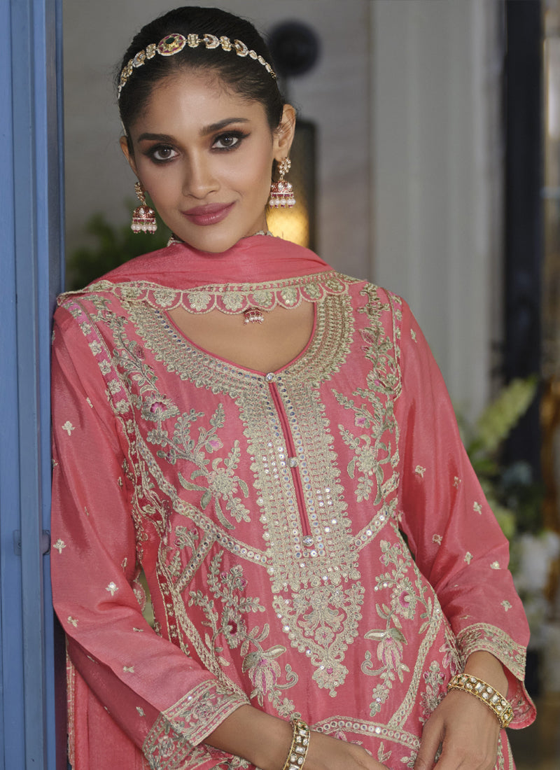 Vegaa Fashion Peach Chinon Silk Embroidered Designer Palazzo Suit