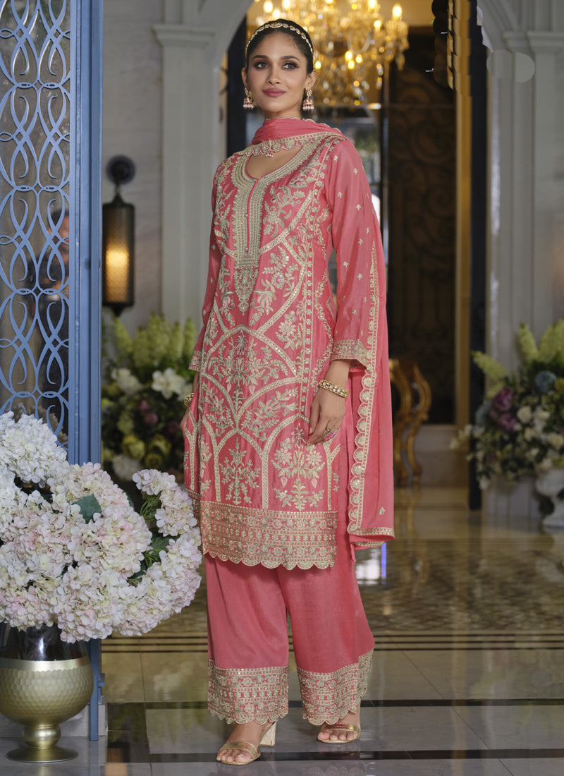 Vegaa Fashion Peach Chinon Silk Embroidered Designer Palazzo Suit