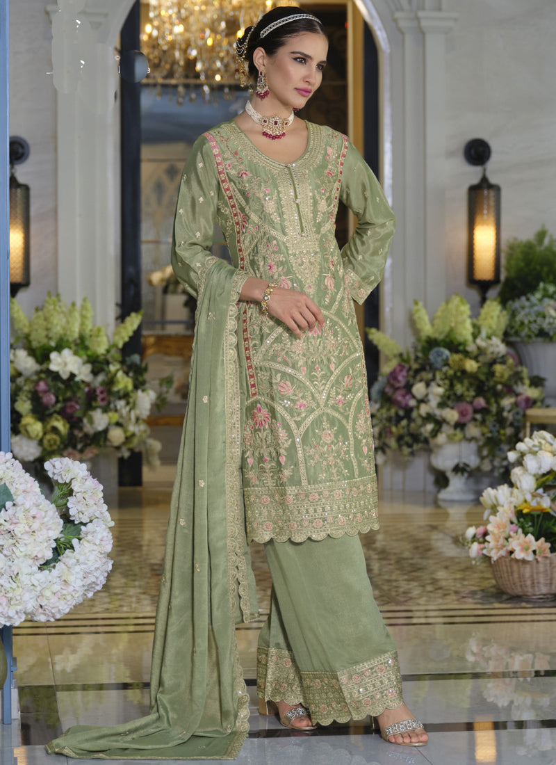 Vegaa Fashion Parrot Green Chinon Silk Embroidered Designer Palazzo Suit