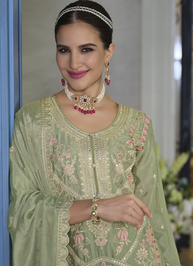 Vegaa Fashion Parrot Green Chinon Silk Embroidered Designer Palazzo Suit