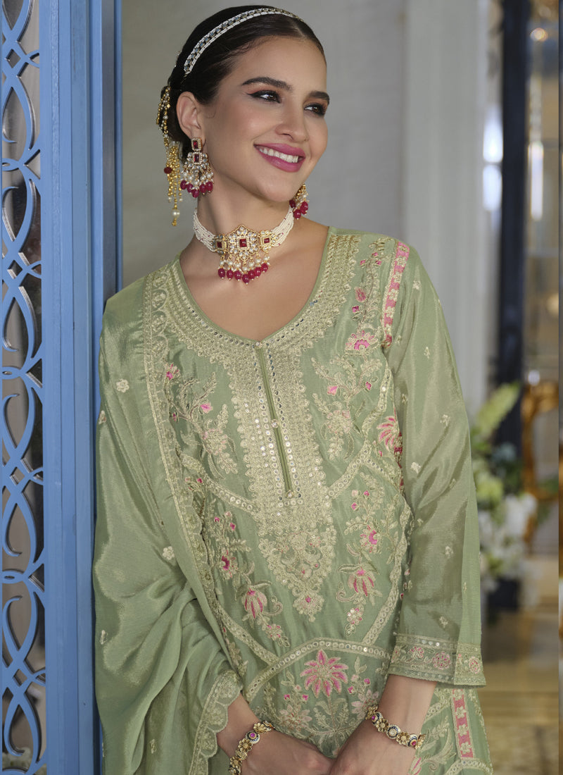 Vegaa Fashion Parrot Green Chinon Silk Embroidered Designer Palazzo Suit