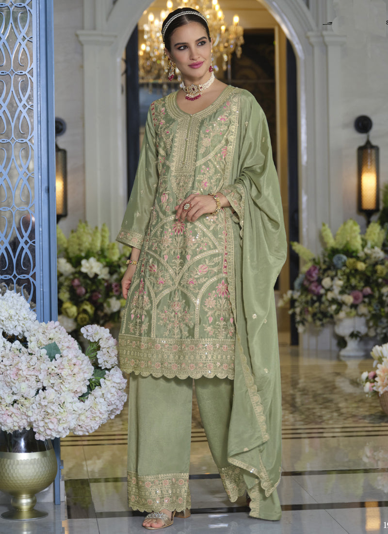 Vegaa Fashion Parrot Green Chinon Silk Embroidered Designer Palazzo Suit