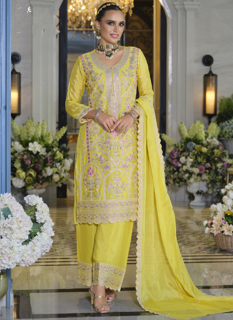 Vegaa Fashion Yellow Chinon Silk Embroidered Designer Palazzo Suit