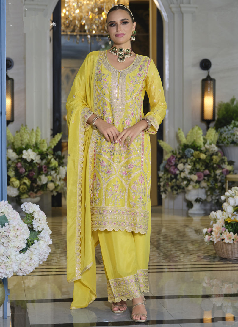 Vegaa Fashion Yellow Chinon Silk Embroidered Designer Palazzo Suit