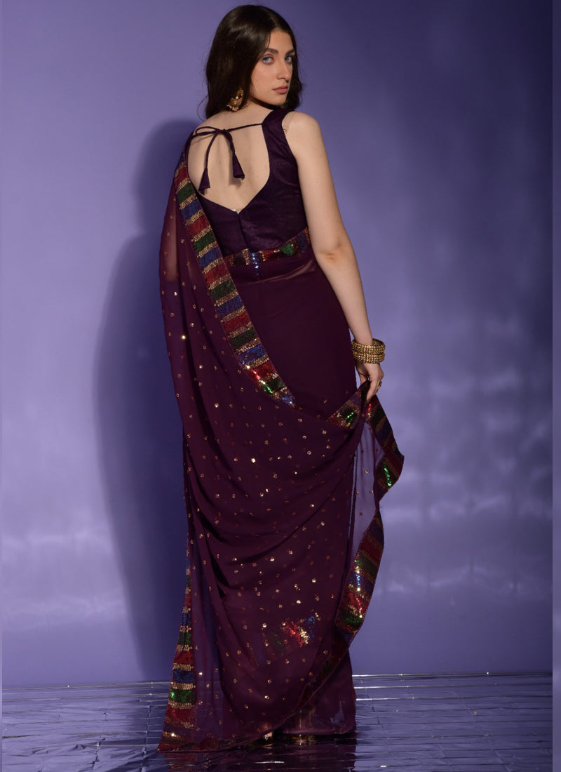 Vegaa Fashion Wine Georgette Sequence Party Wear Saree