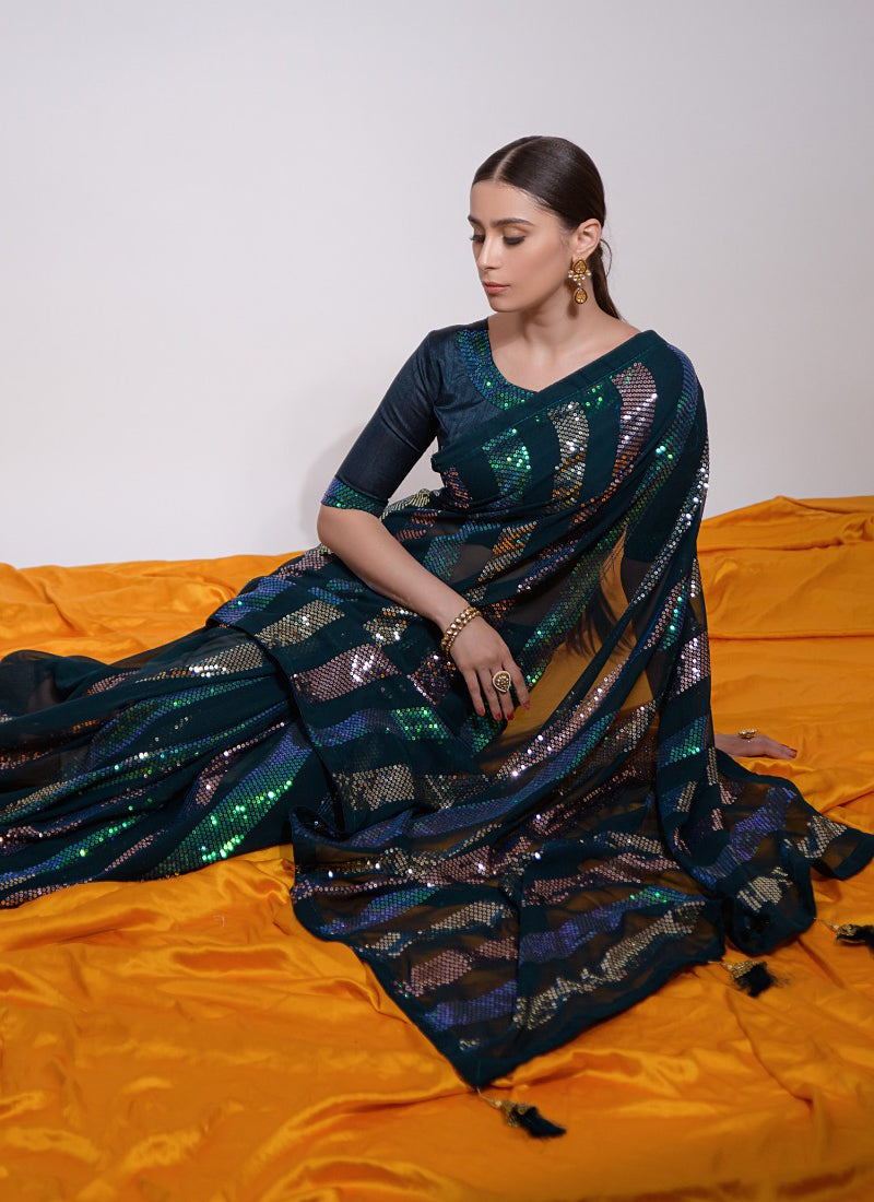 Vegaa Fashion Teal Georgette Sequence Party Wear Saree