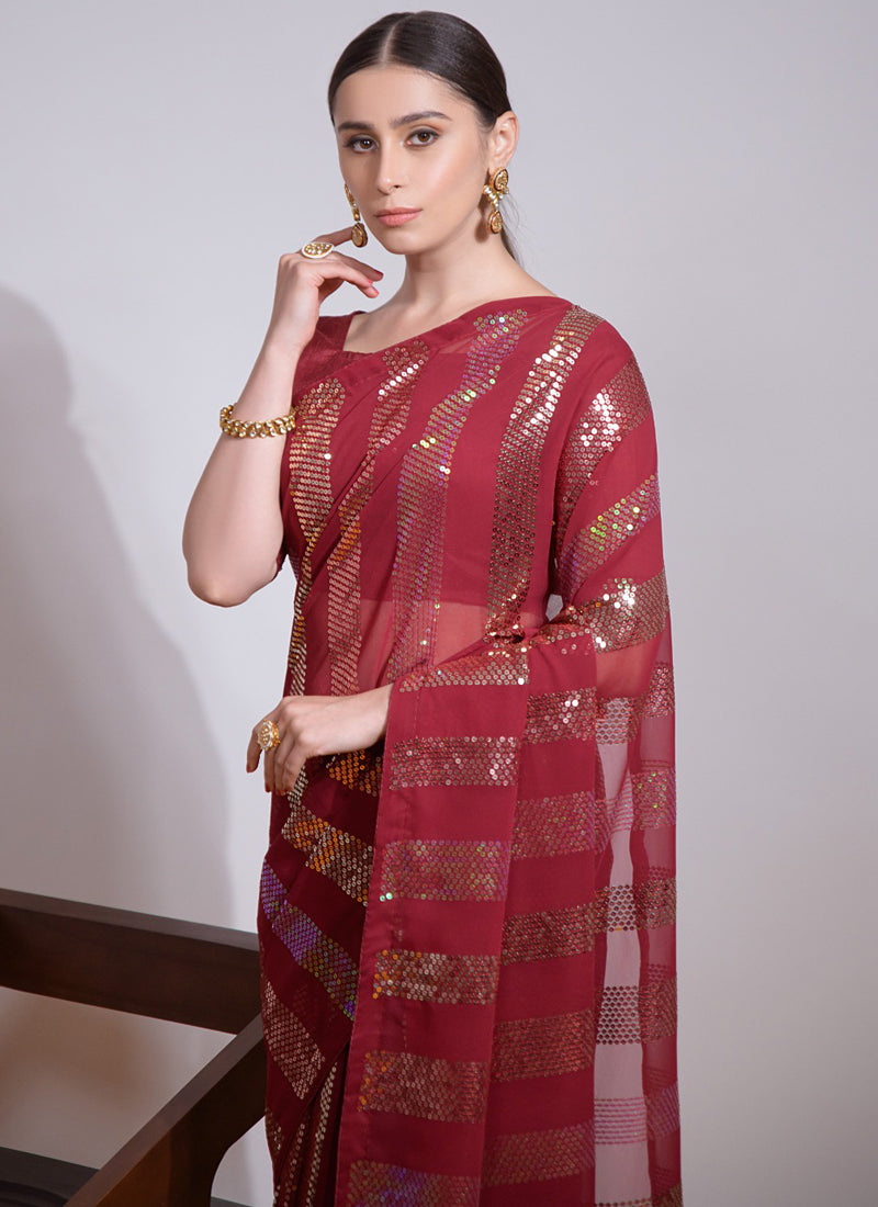 Vegaa Fashion Maroon Georgette Sequence Party Wear Saree