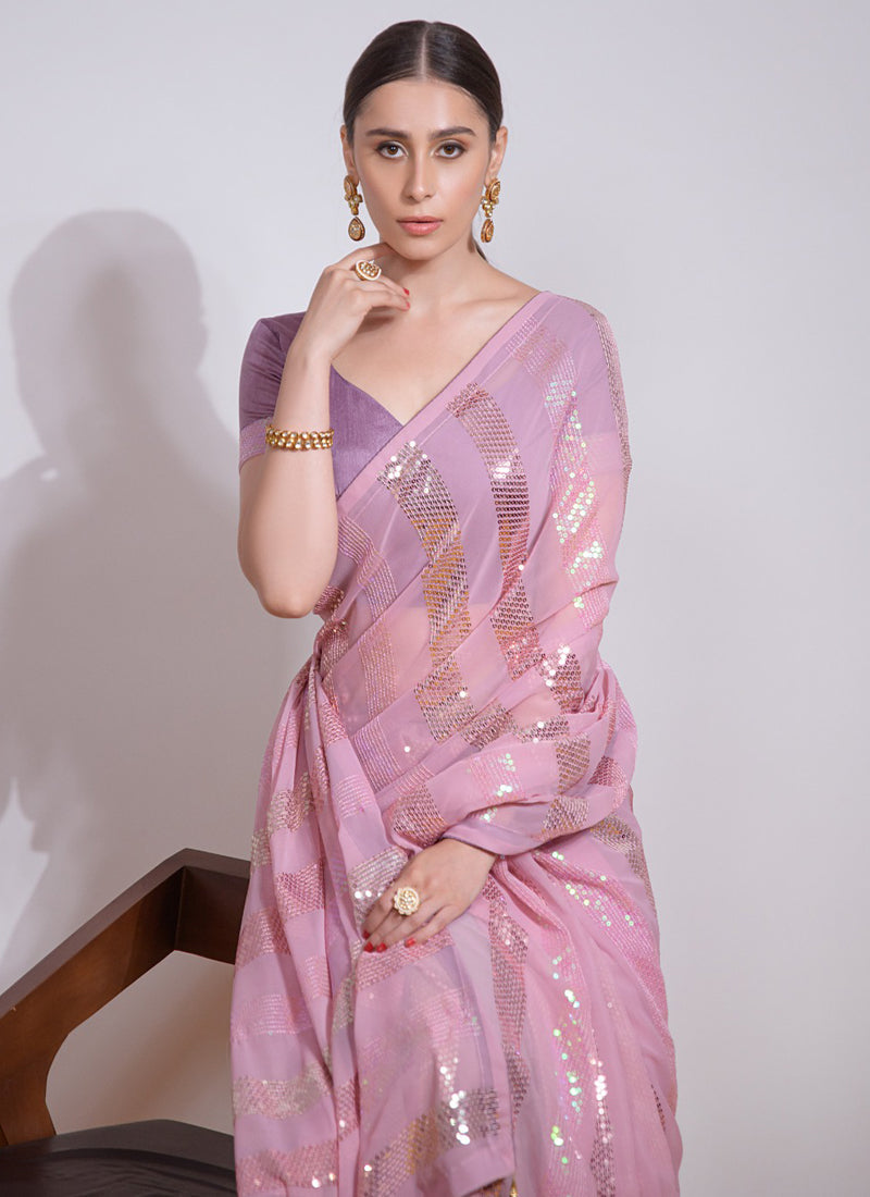 Vegaa Fashion Baby Pink Georgette Sequence Party Wear Saree