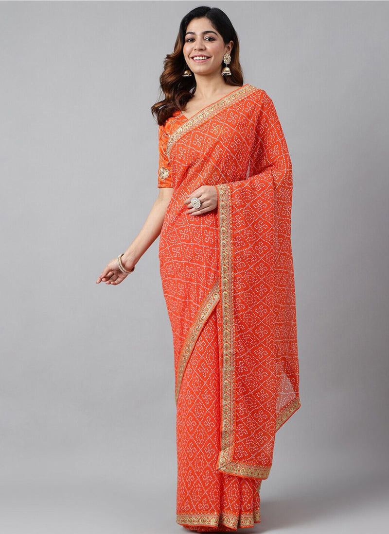 Vegaa Fashion Orange Soft Georgette Bandhani Saree