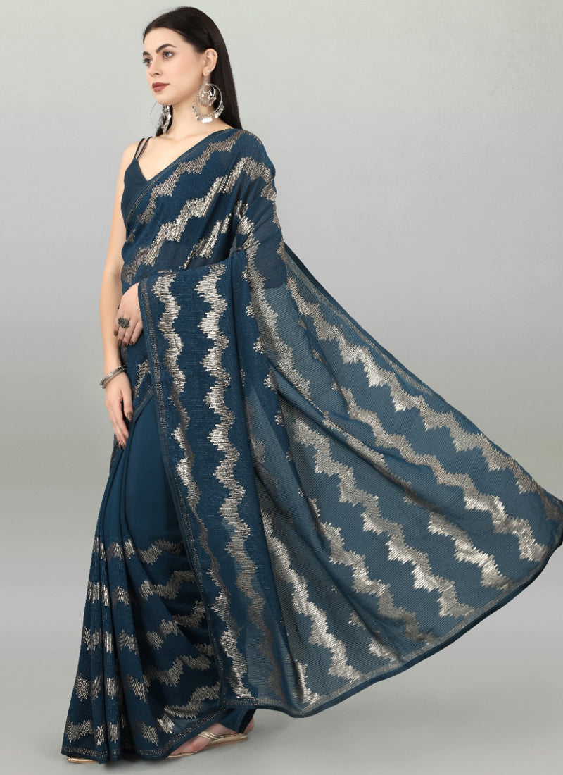 Vegaa Fashion Acqua Blue Georgette Sequence Party Wear Saree