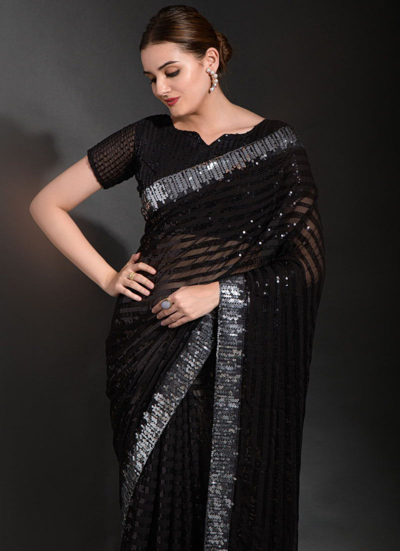 Vegaa Fashion Black Georgette Sequence Party Wear Saree