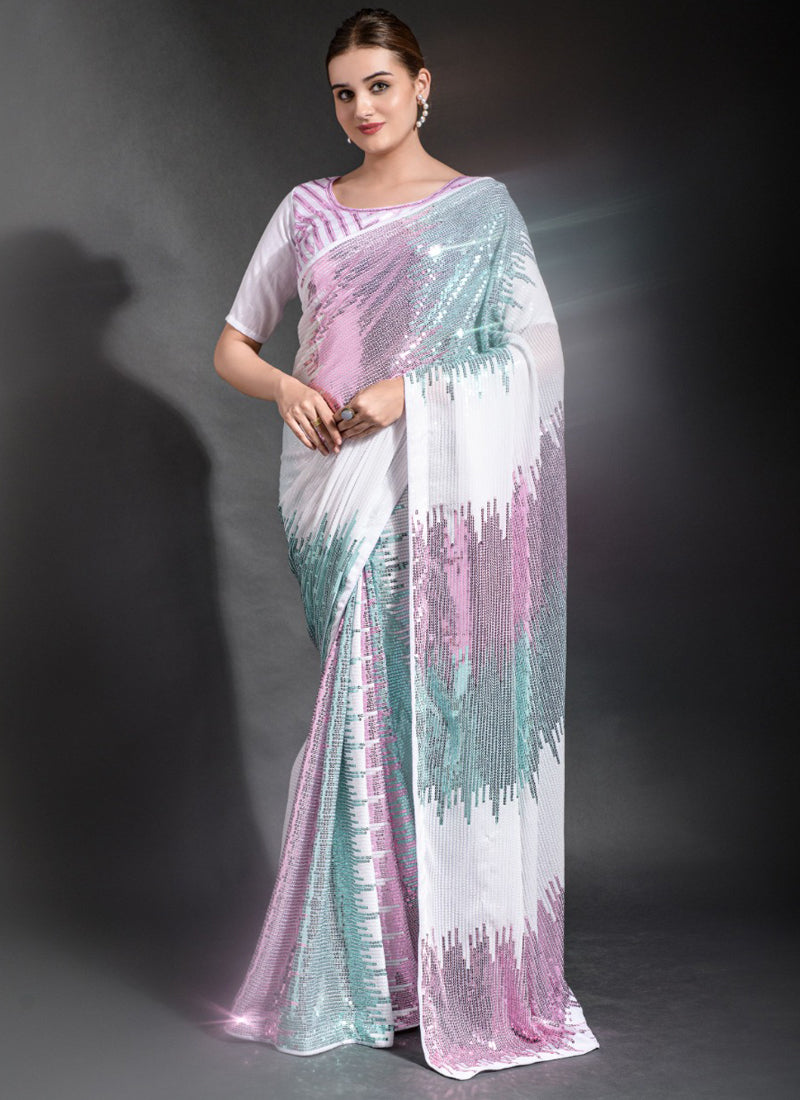 Vegaa Fashion Off White Georgette Sequence Party Wear Saree