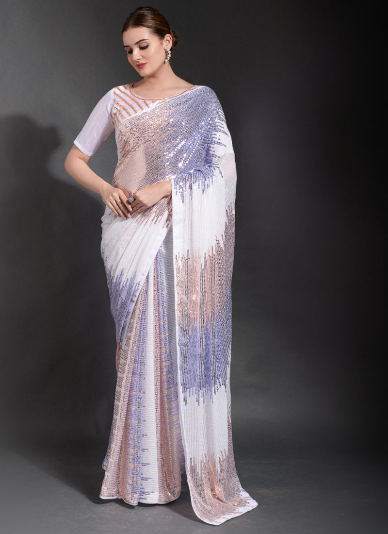 Vegaa Fashion Off White Georgette Sequence Party Wear Saree
