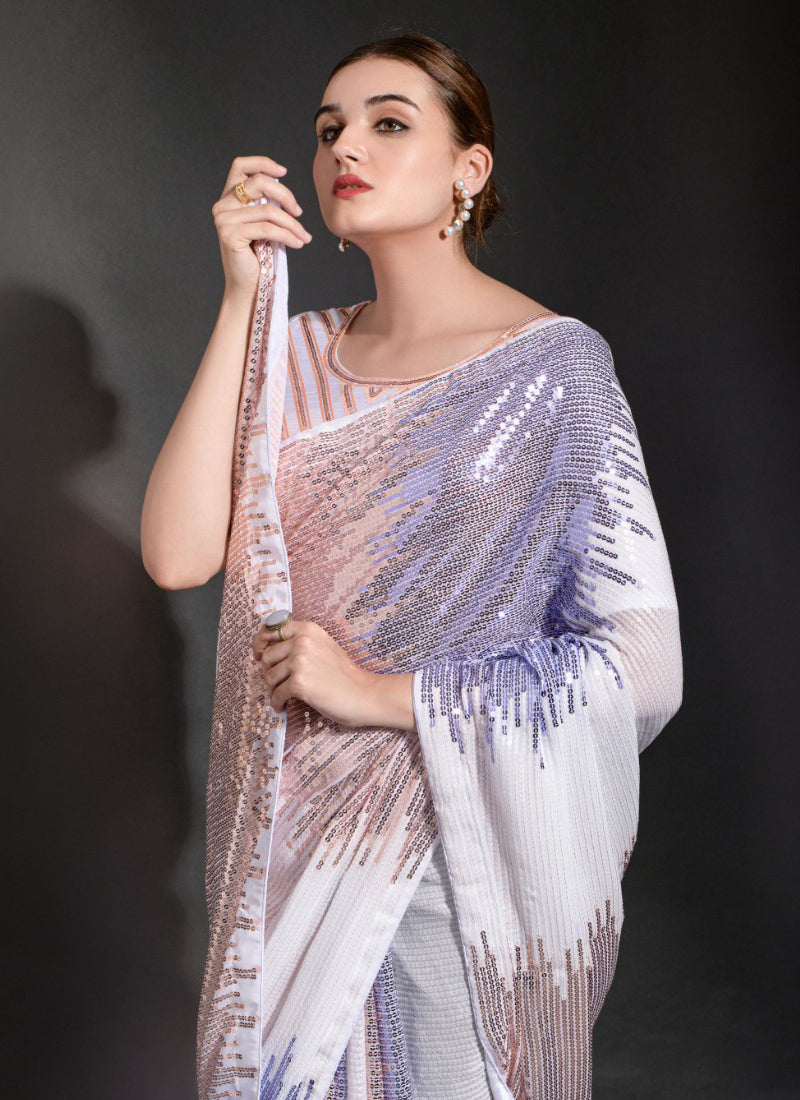 Vegaa Fashion Off White Georgette Sequence Party Wear Saree