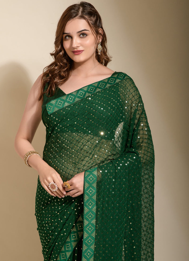Vegaa Fashion Green Georgette Embroidered Party Wear Saree
