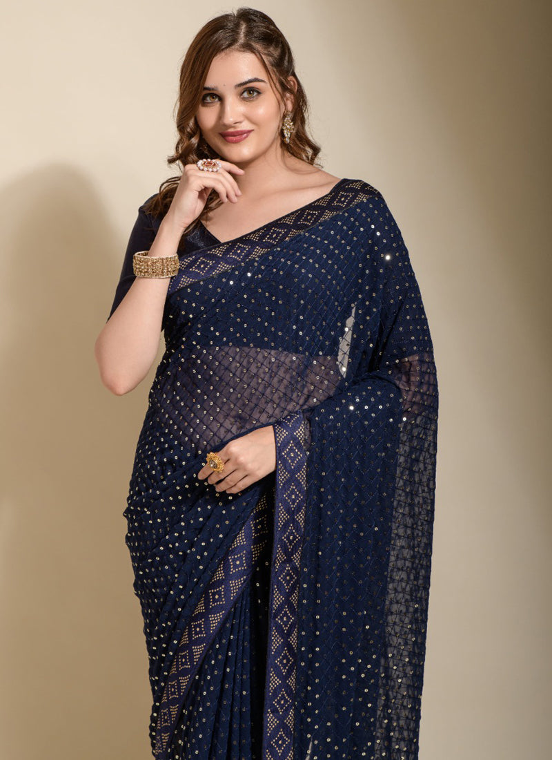 Vegaa Fashion Blue Georgette Embroidered Party Wear Saree