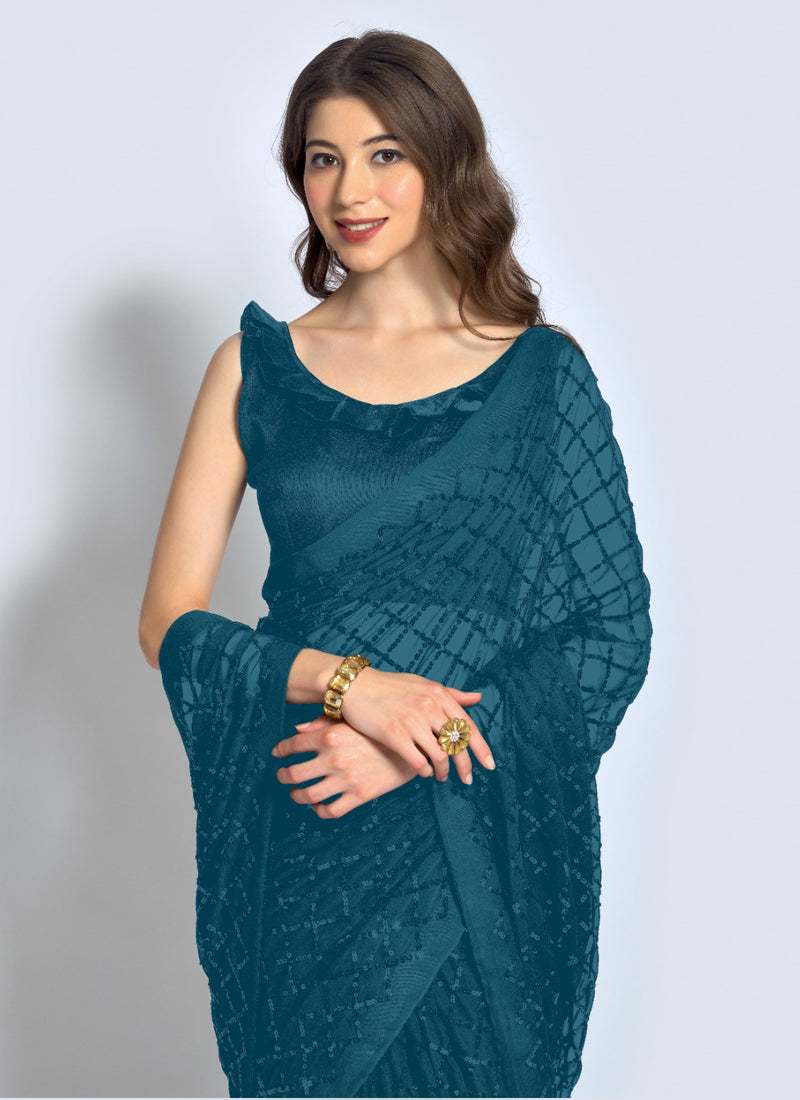 Vegaa Fashion Aqua Georgette Sequence Party Wear Saree