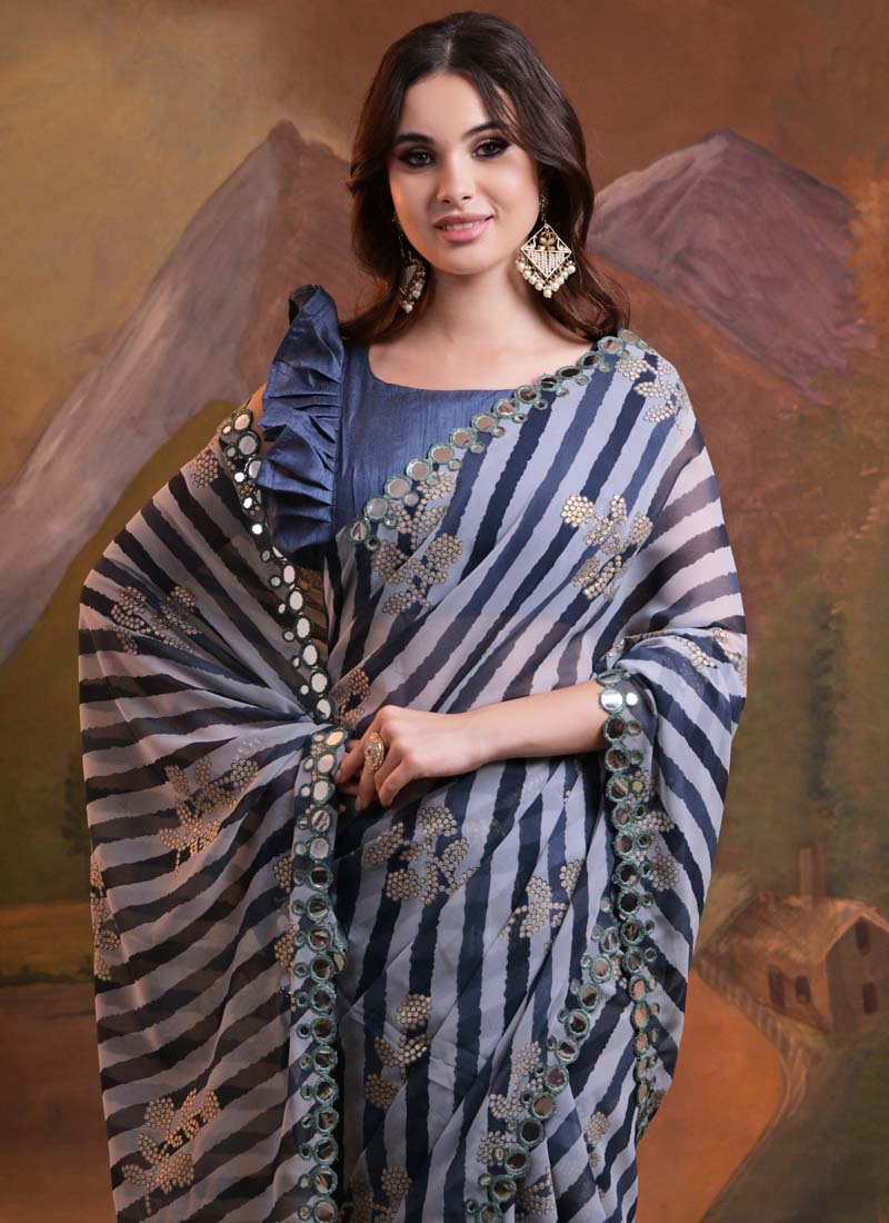 Vegaa Fashion Blue Georgette Leriya Print Designer Saree