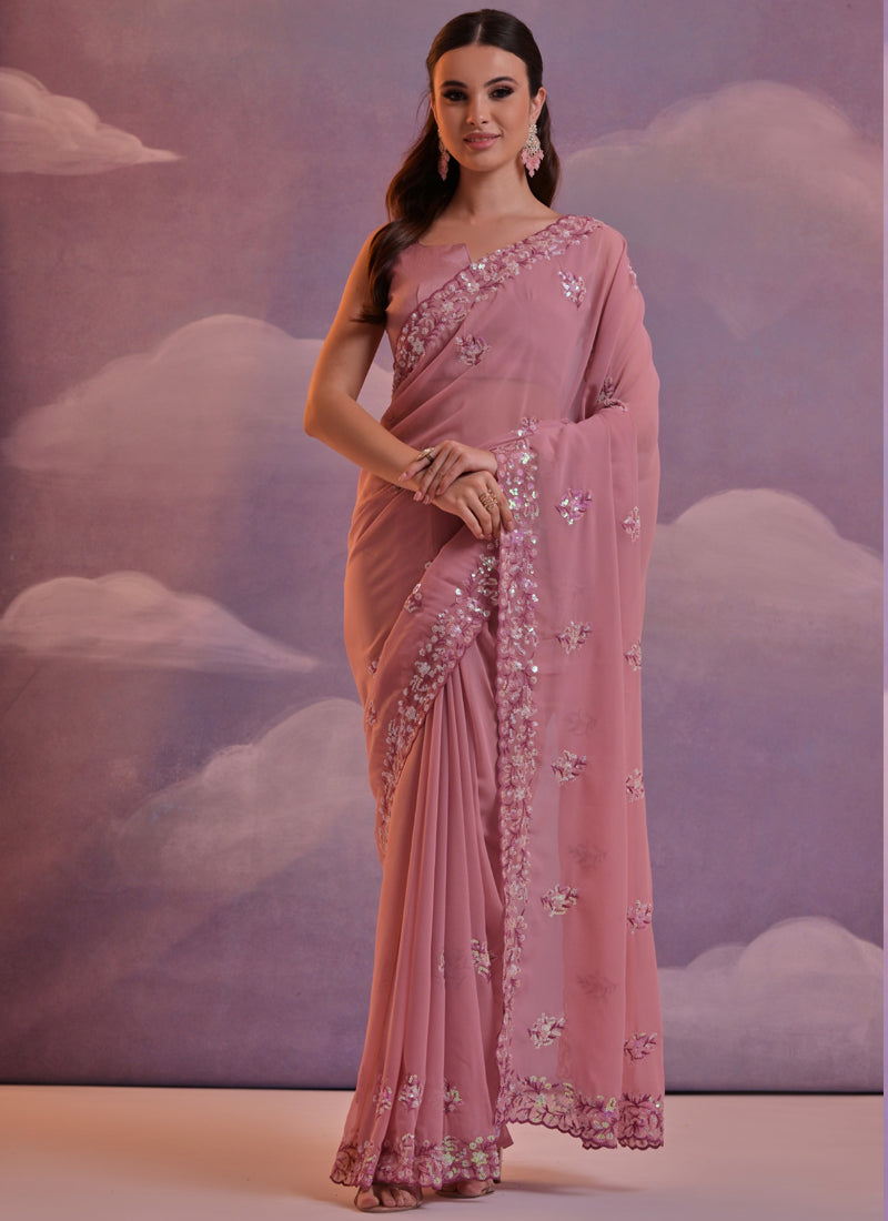 Vegaa Fashion Light Brown Grey Soft Georgette Sequence Work Saree