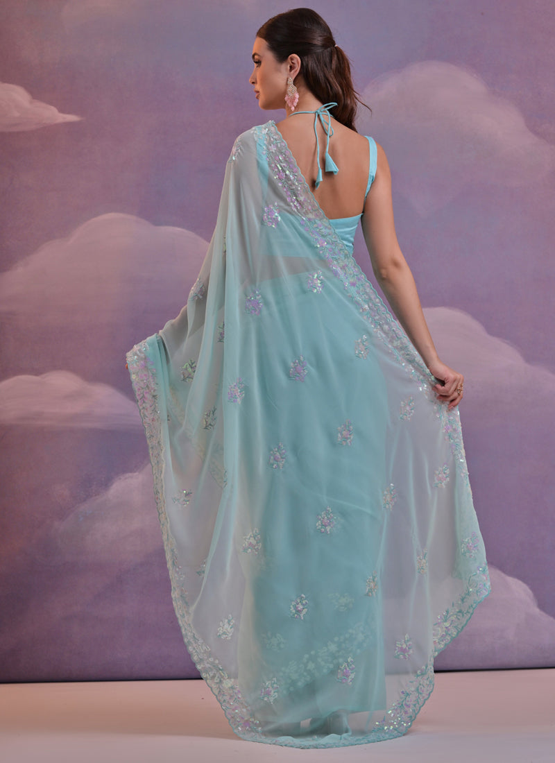 Vegaa Fashion Sky Blue Grey Soft Georgette Sequence Work Saree