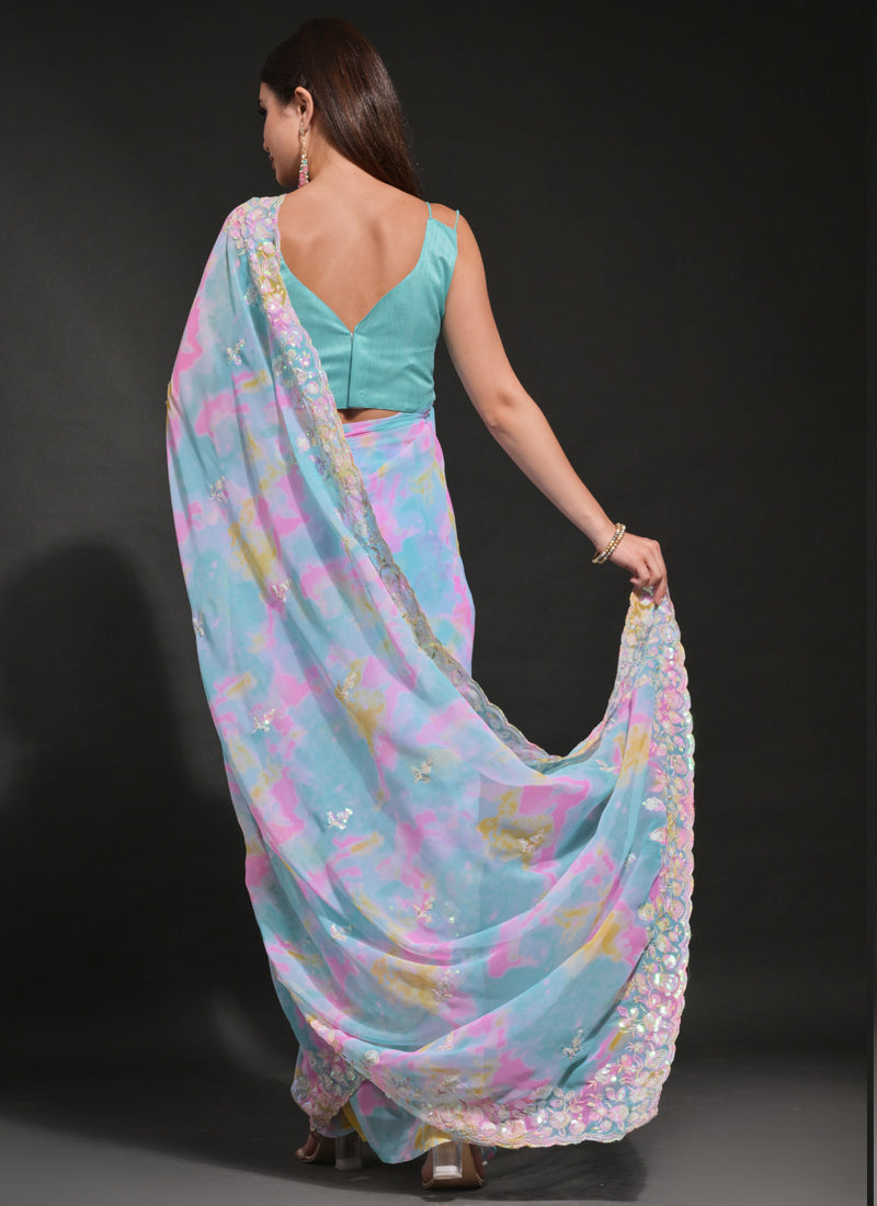 Vegaa Fashion Sky Blue Soft Georgette Sequence Work Saree