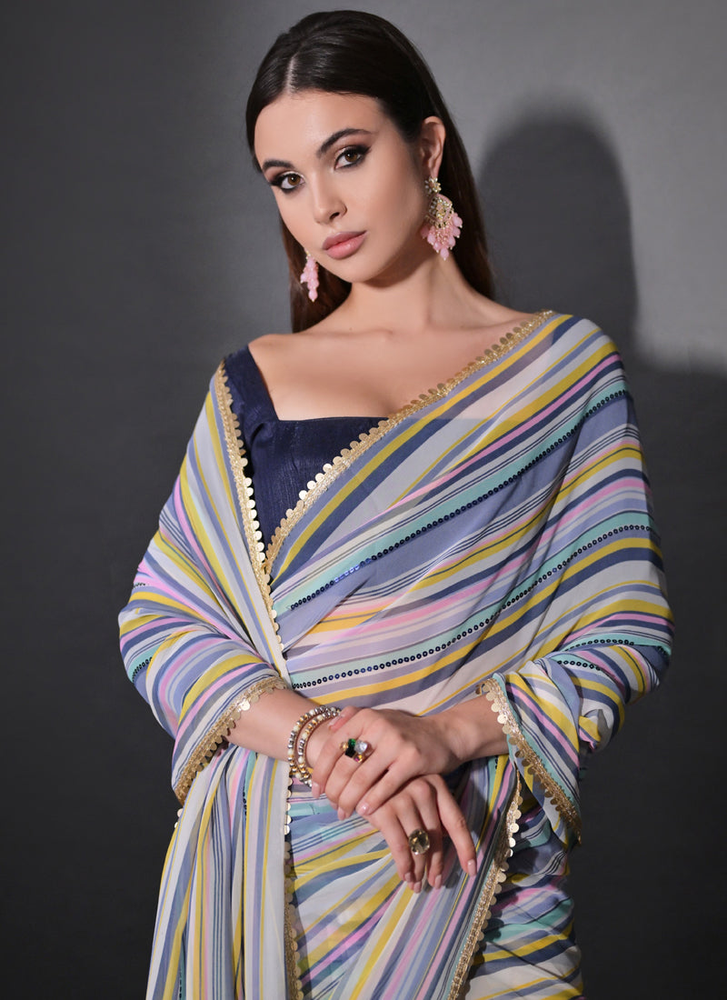 Vegaa Fashion Multicolor Georgette Leriya Print Sequence Saree