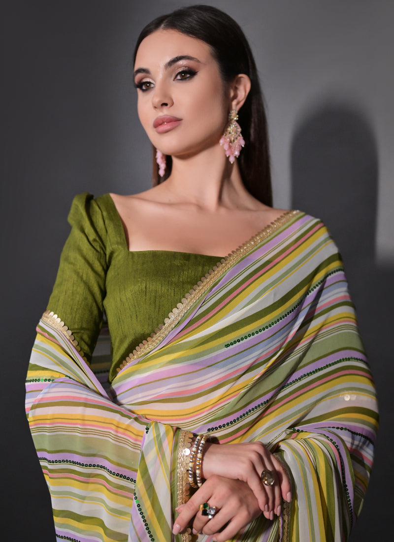 Vegaa Fashion Multicolor Georgette Leriya Print Sequence Saree
