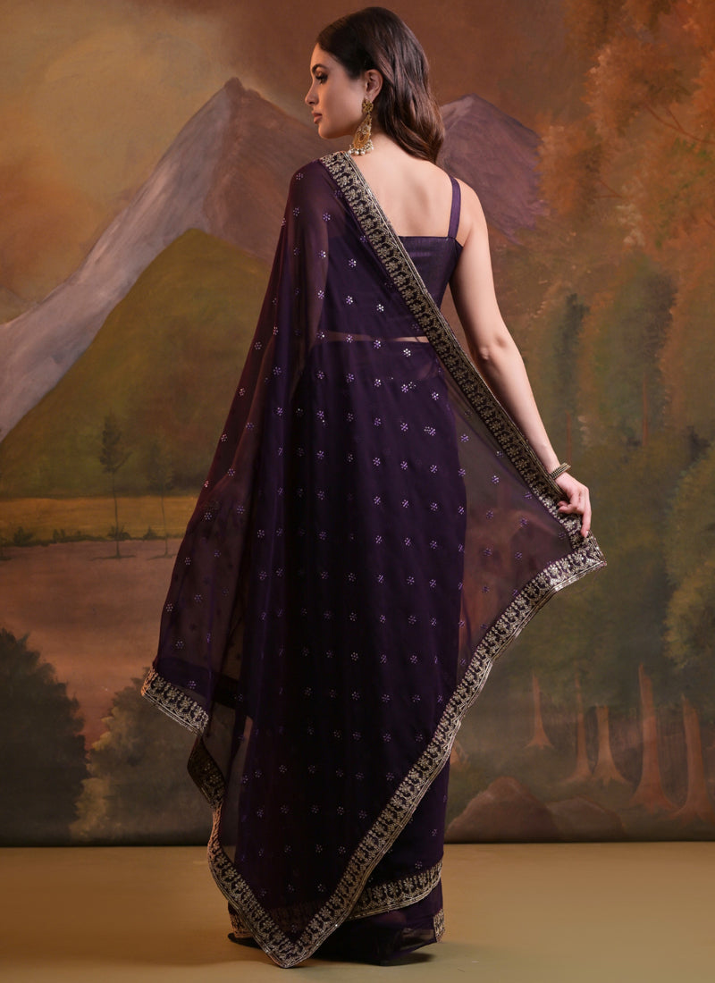 Vegaa Fashion Wine Heavy Georgette Sequence Work Saree