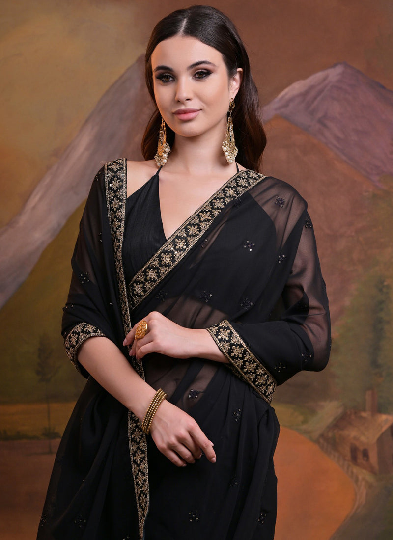 Vegaa Fashion Black Heavy Georgette Sequence Work Saree