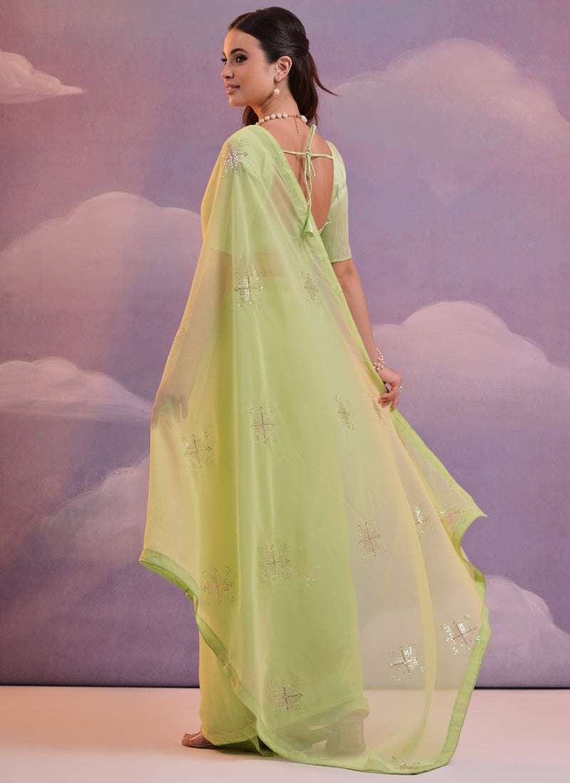Vegaa Fashion Light Green Georgette Sequence Party Wear Saree