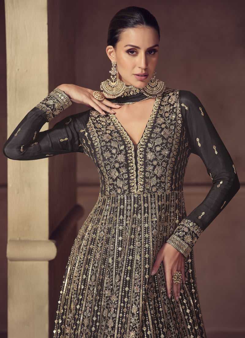Vegaa Fashion Brown Chinon Silk Embroidered Designer Anarkali Suit