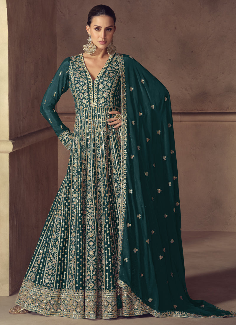 Vegaa Fashion Rama Green Chinon Silk Embroidered Designer Anarkali Suit