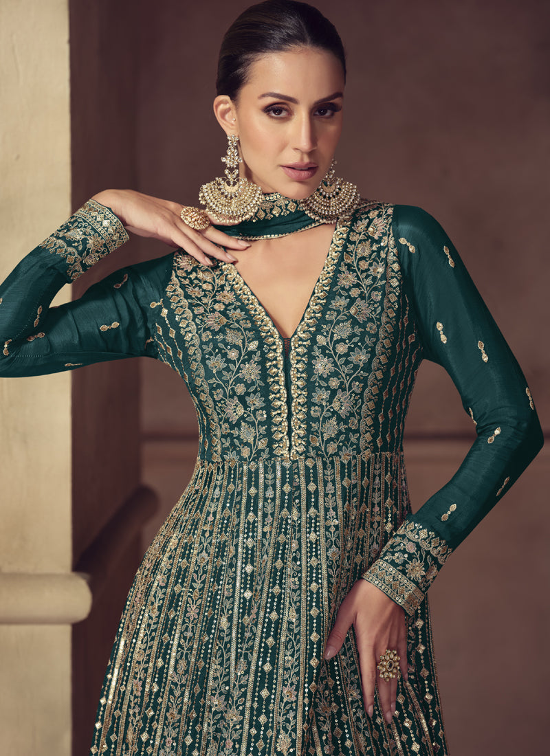 Vegaa Fashion Rama Green Chinon Silk Embroidered Designer Anarkali Suit