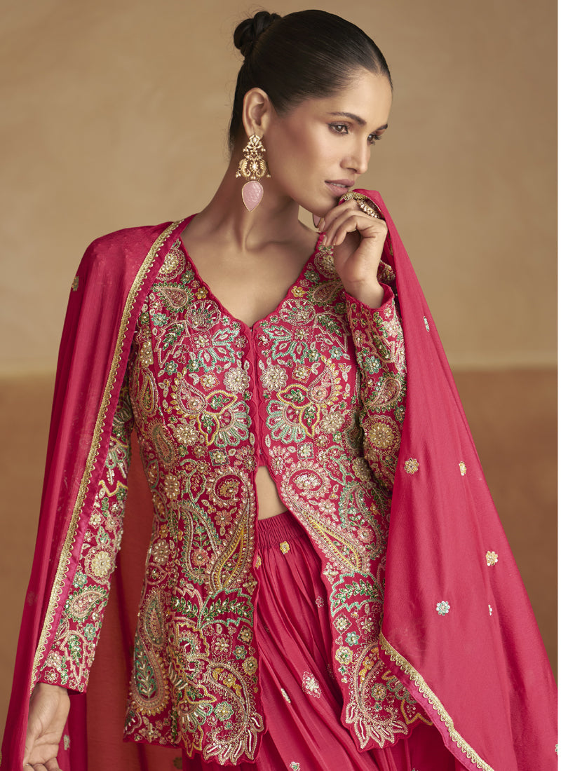 Vegaa Fashion Pink Chinon Silk Embroidered Designer Palazzo Suit