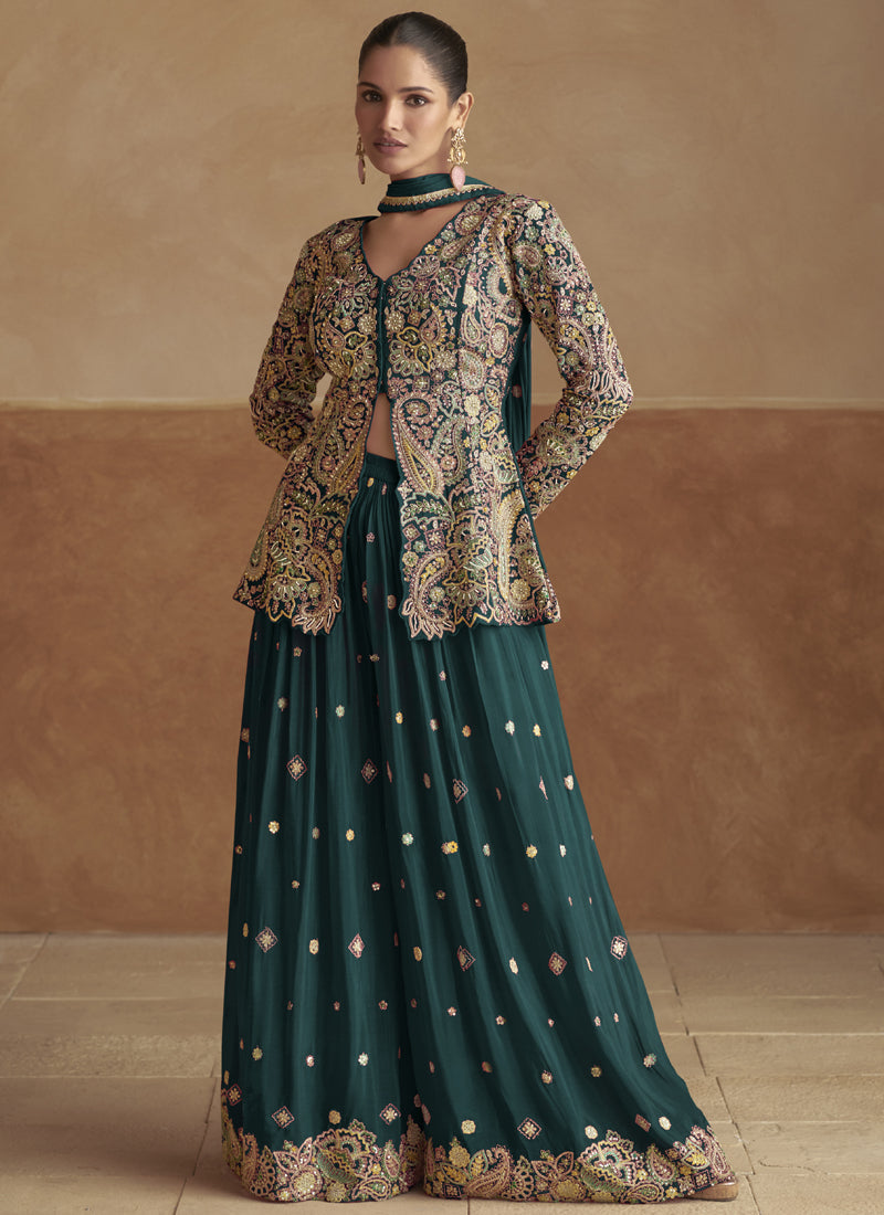 Vegaa Fashion Aqua Green Pink Chinon Silk Embroidered Designer Palazzo Suit