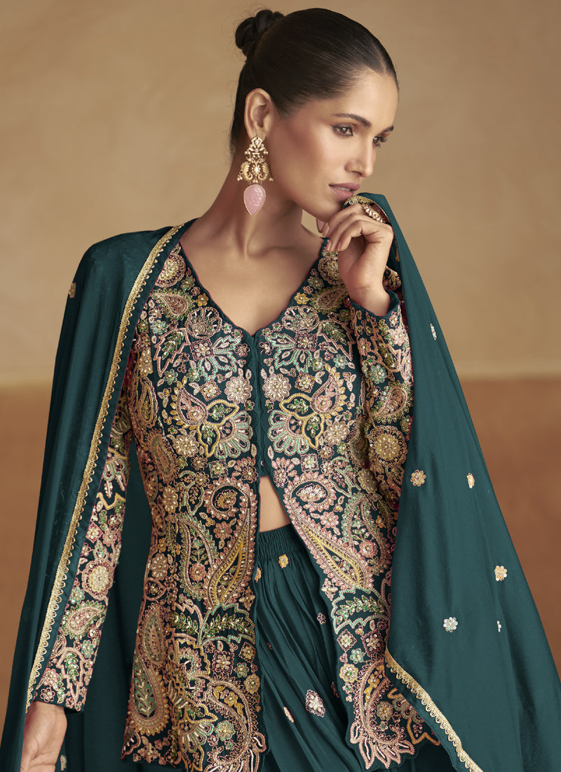 Vegaa Fashion Aqua Green Pink Chinon Silk Embroidered Designer Palazzo Suit