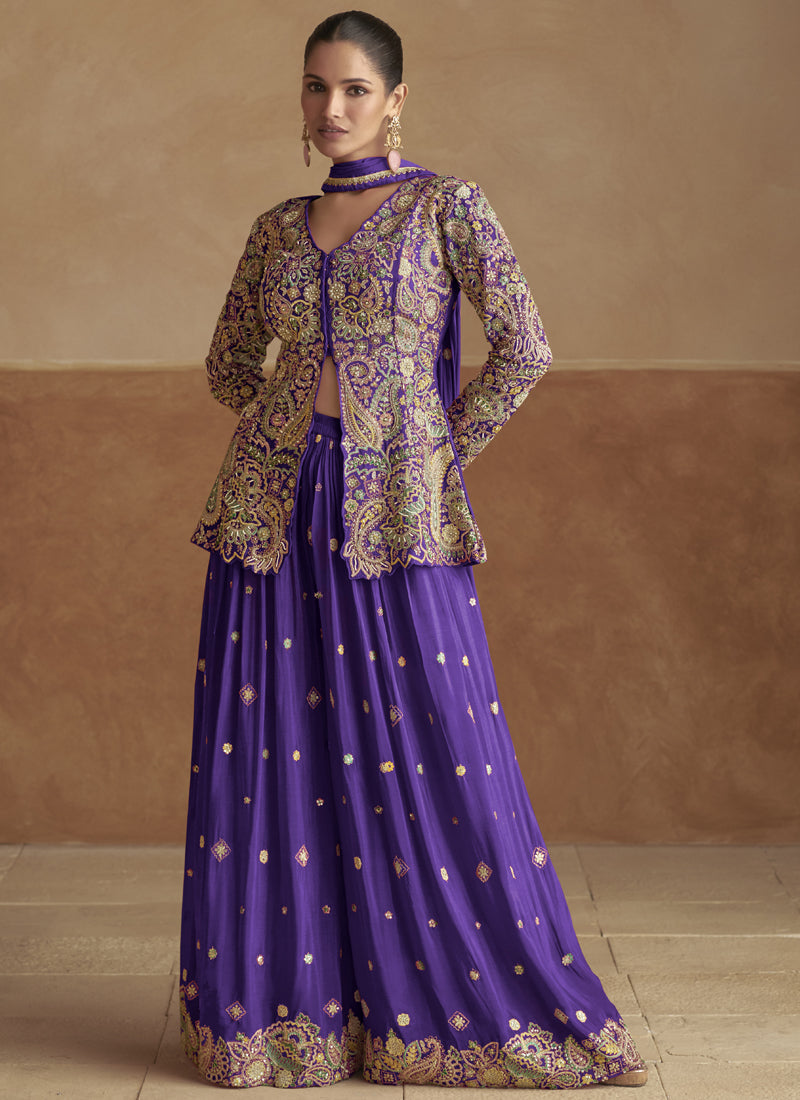 Vegaa Fashion Violet Pink Chinon Silk Embroidered Designer Palazzo Suit