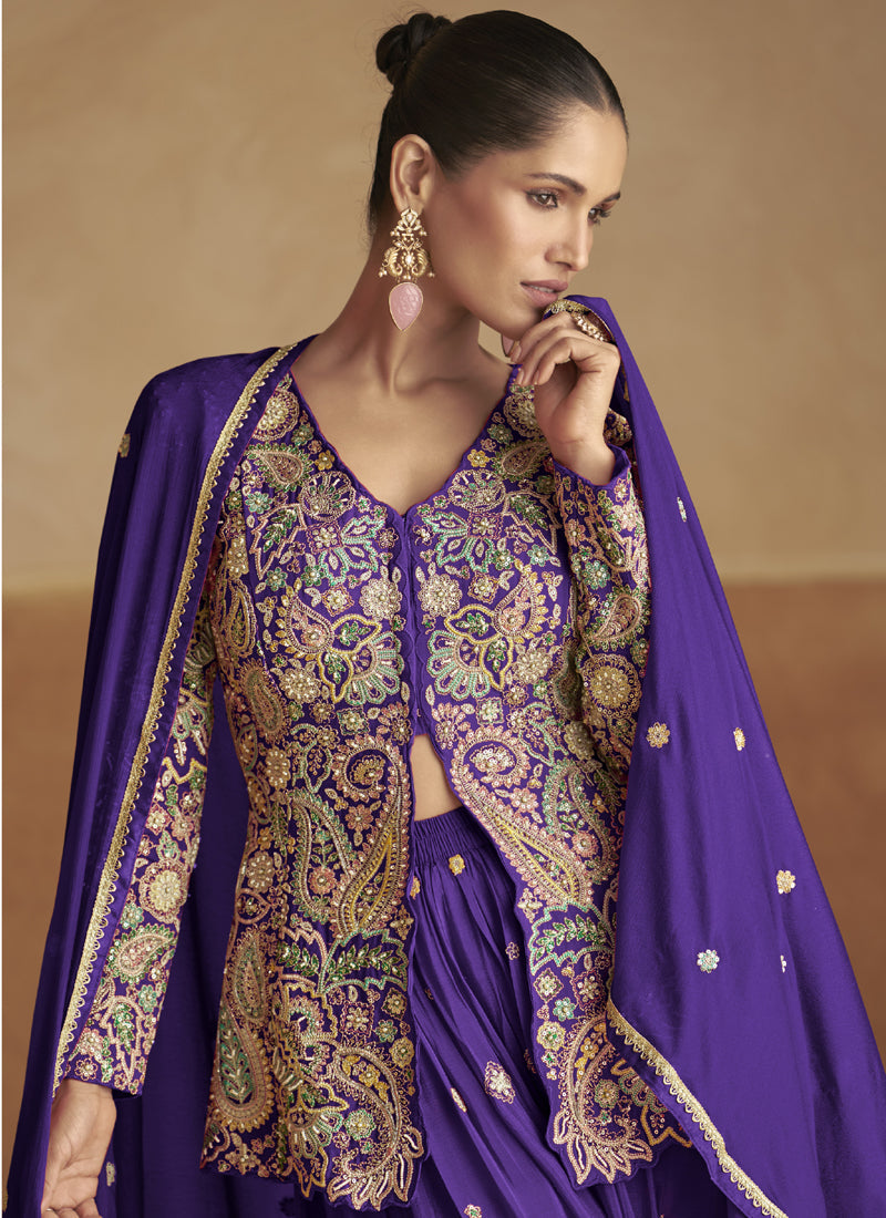 Vegaa Fashion Violet Pink Chinon Silk Embroidered Designer Palazzo Suit