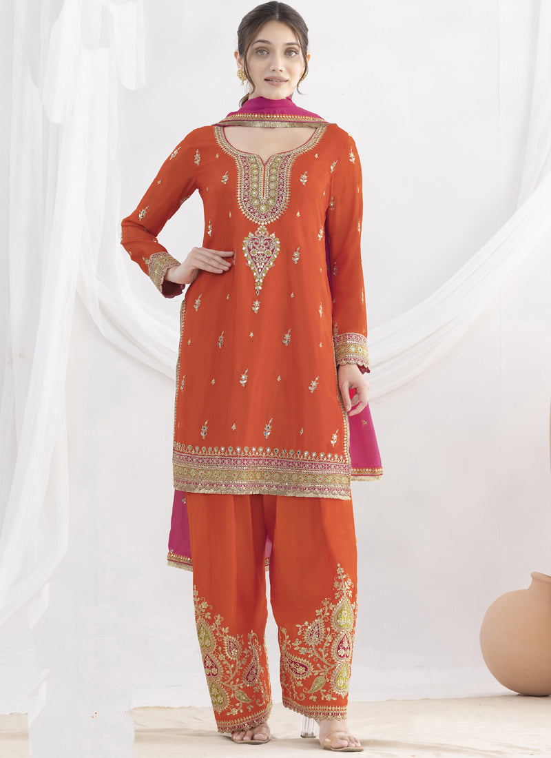 Vegaa Fashion Orange Chinon Silk Embroidered Designer Salwar Suit