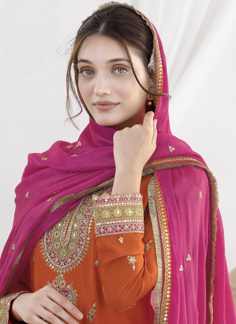 Vegaa Fashion Orange Chinon Silk Embroidered Designer Salwar Suit