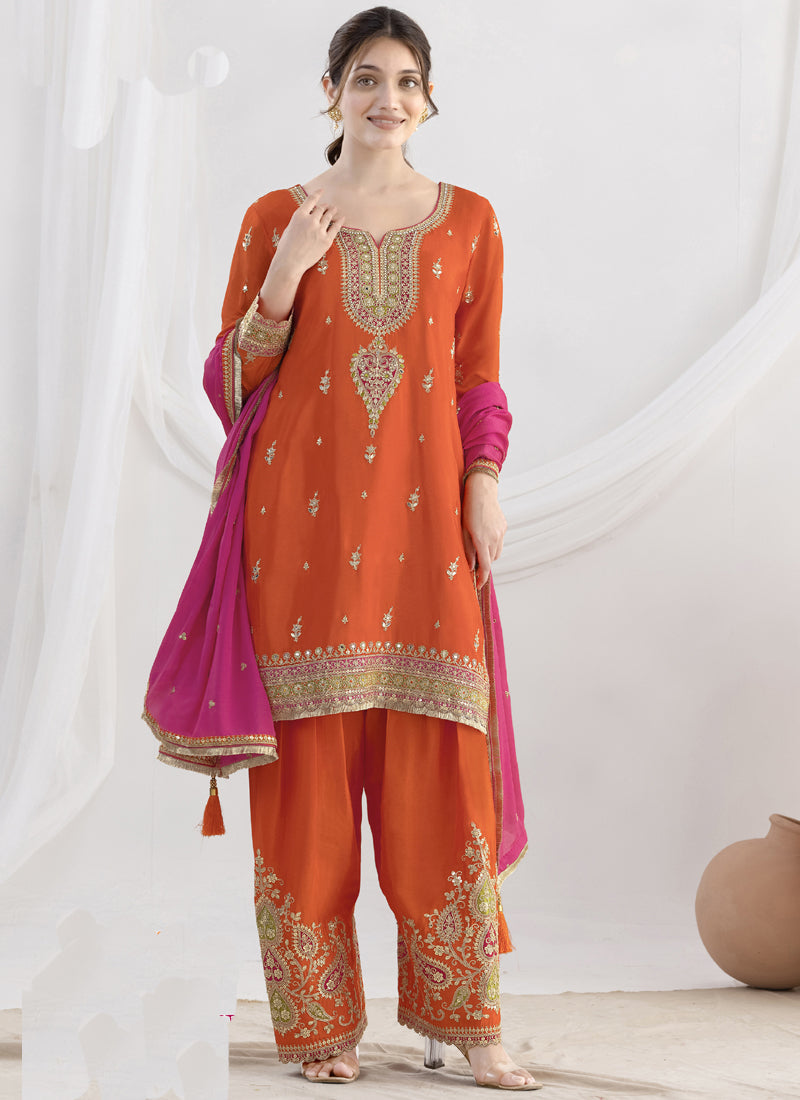 Vegaa Fashion Orange Chinon Silk Embroidered Designer Salwar Suit