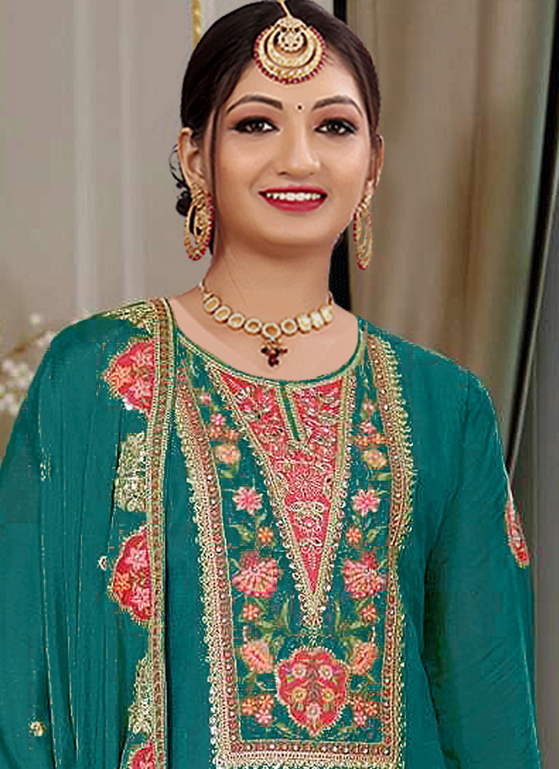 Vegaa Fashion Rama Green Chinon Silk Embroidered Designer Palazzo Suit